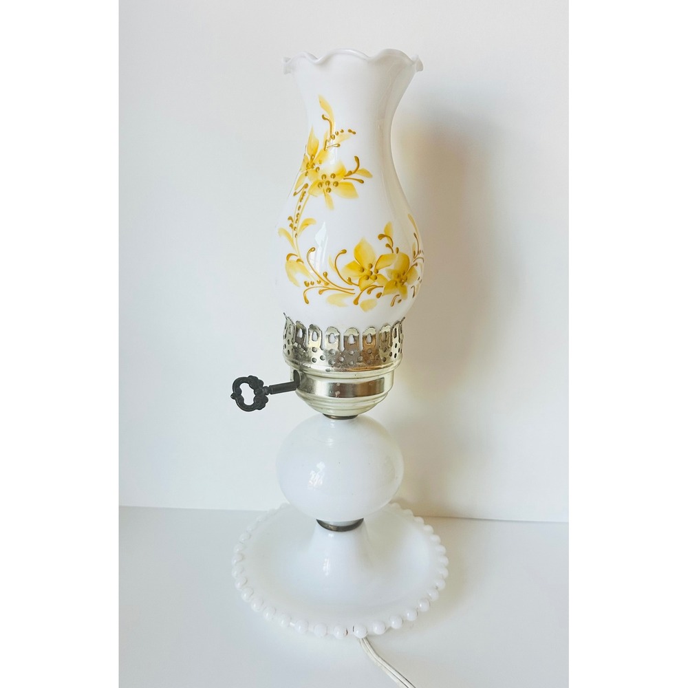 Vintage Milk Glass Hurricane Lamp Yellow Floral Hand Painted Hobnail Base 12in